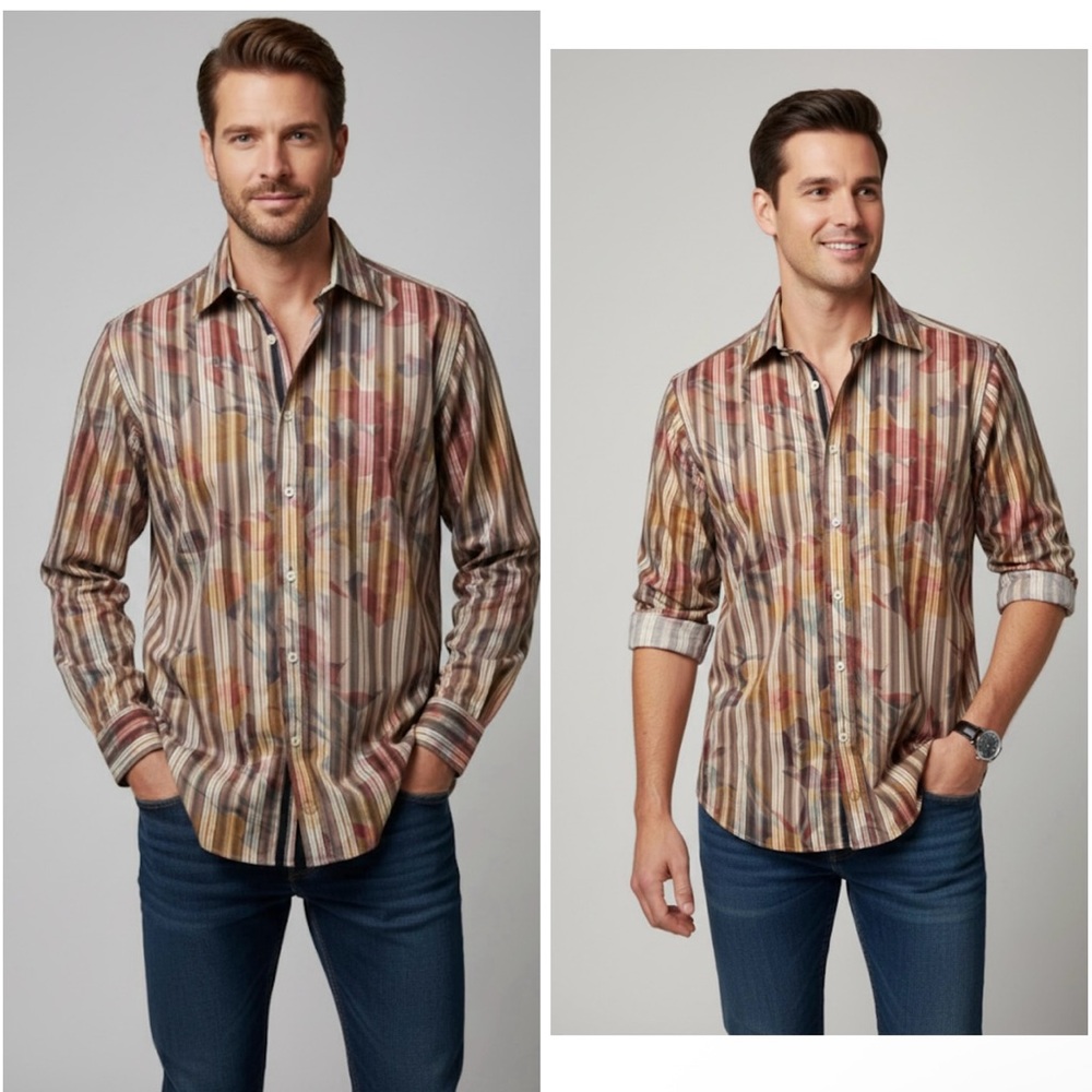BUGATCHI UOMO Men's Luxury Button Down - Striped & Floral Artistic Print Large